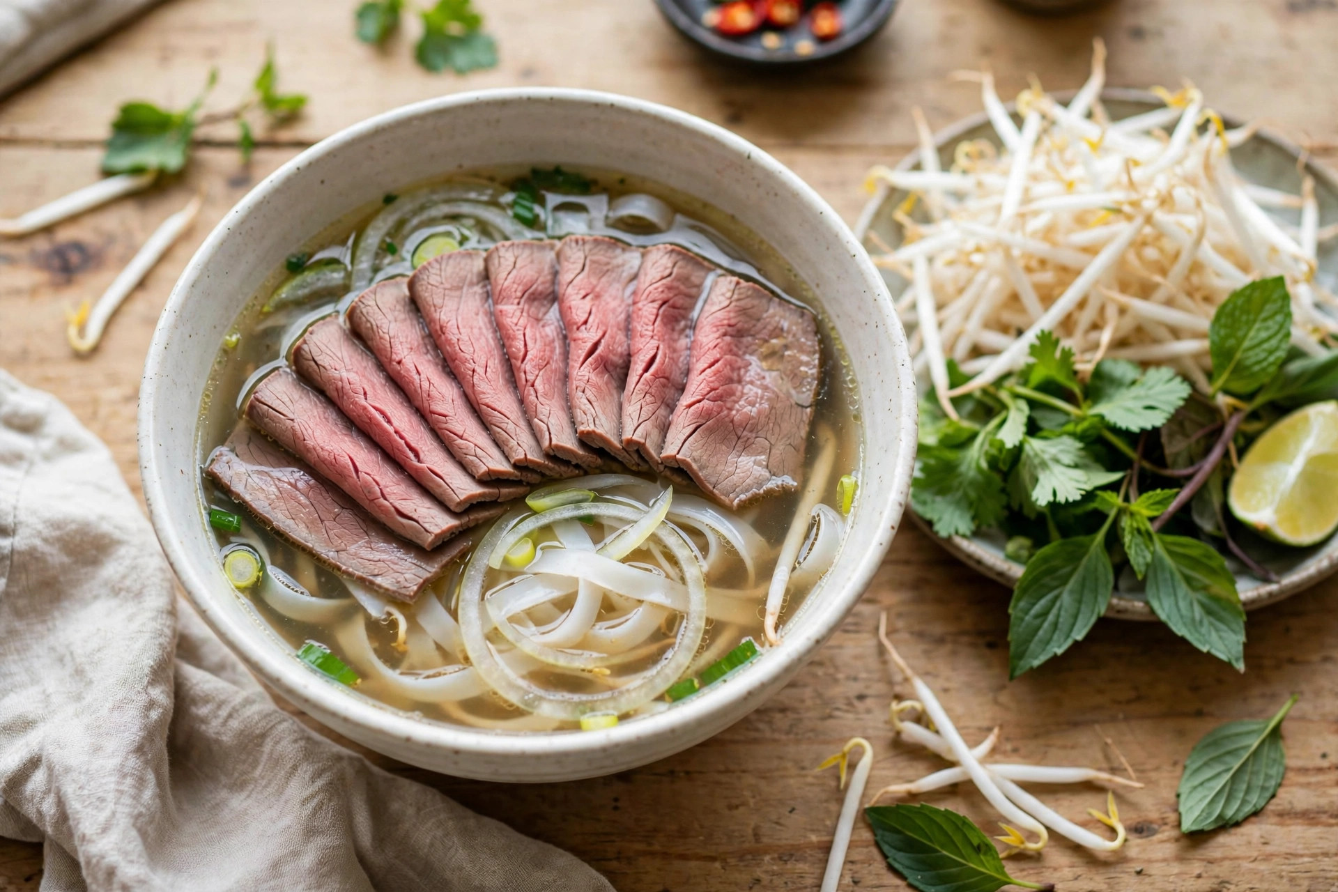 经典生牛肉河粉写实食物照片