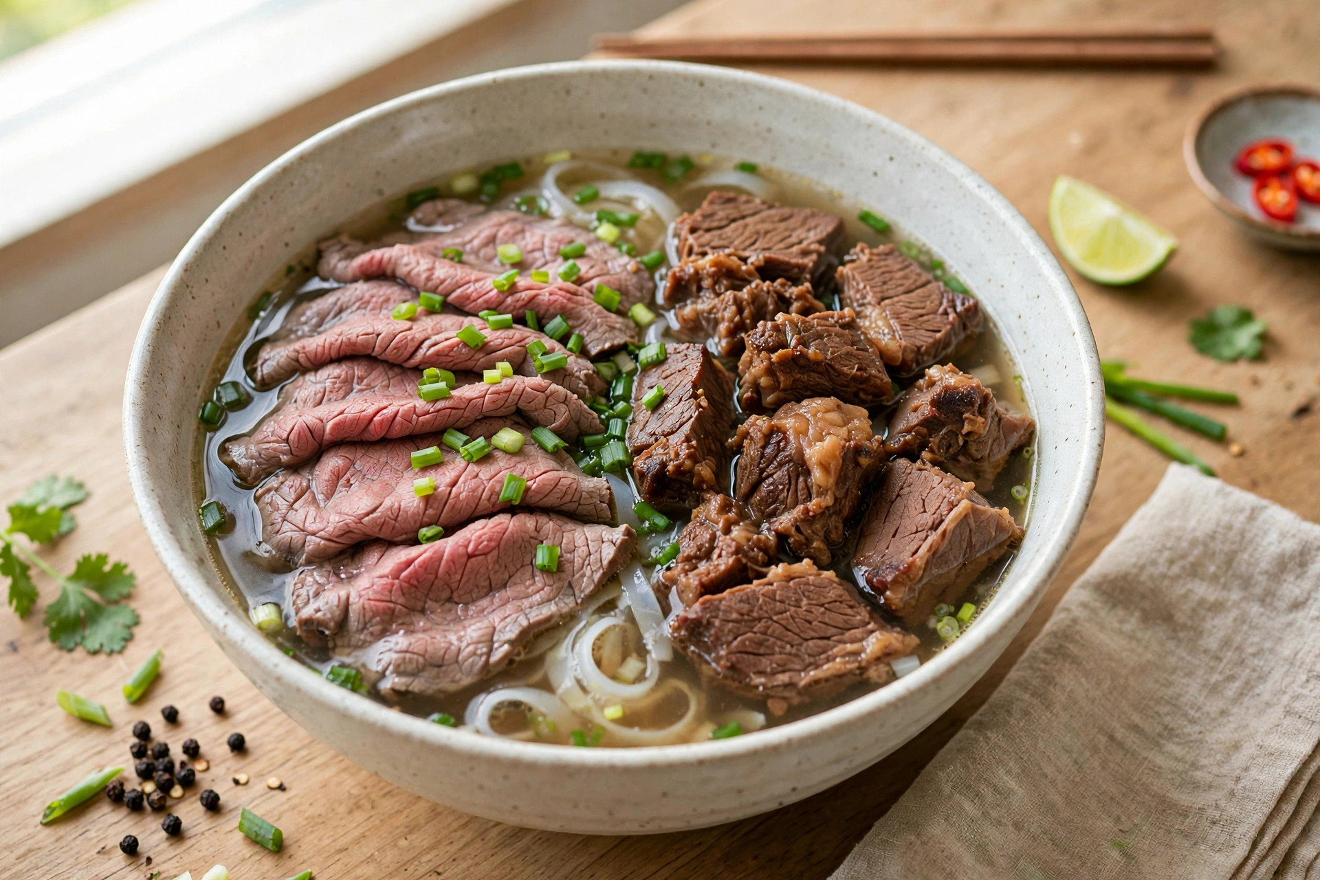 生牛肉牛腩河粉写实食物照片