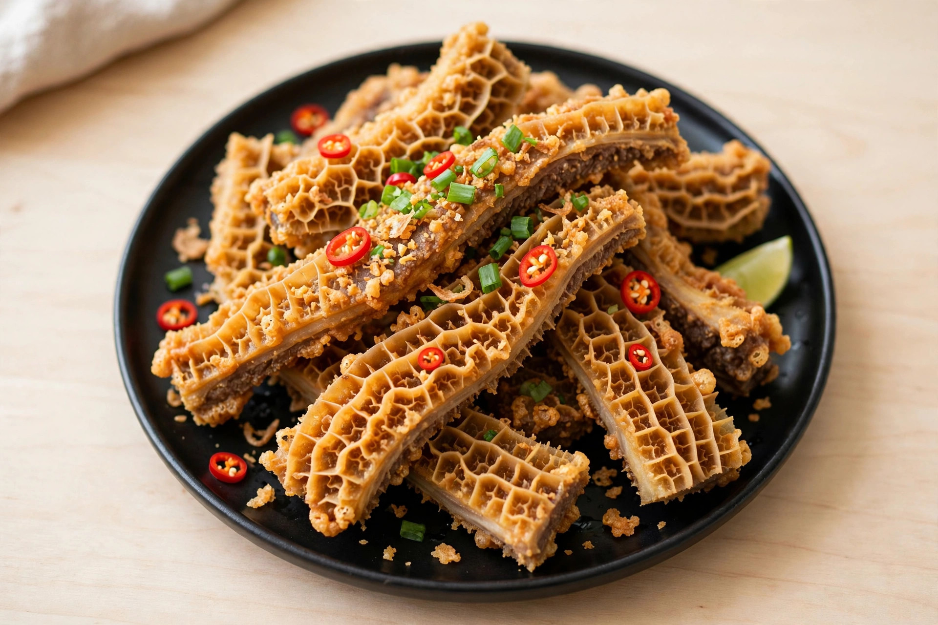 炸金钱肚写实食物照片