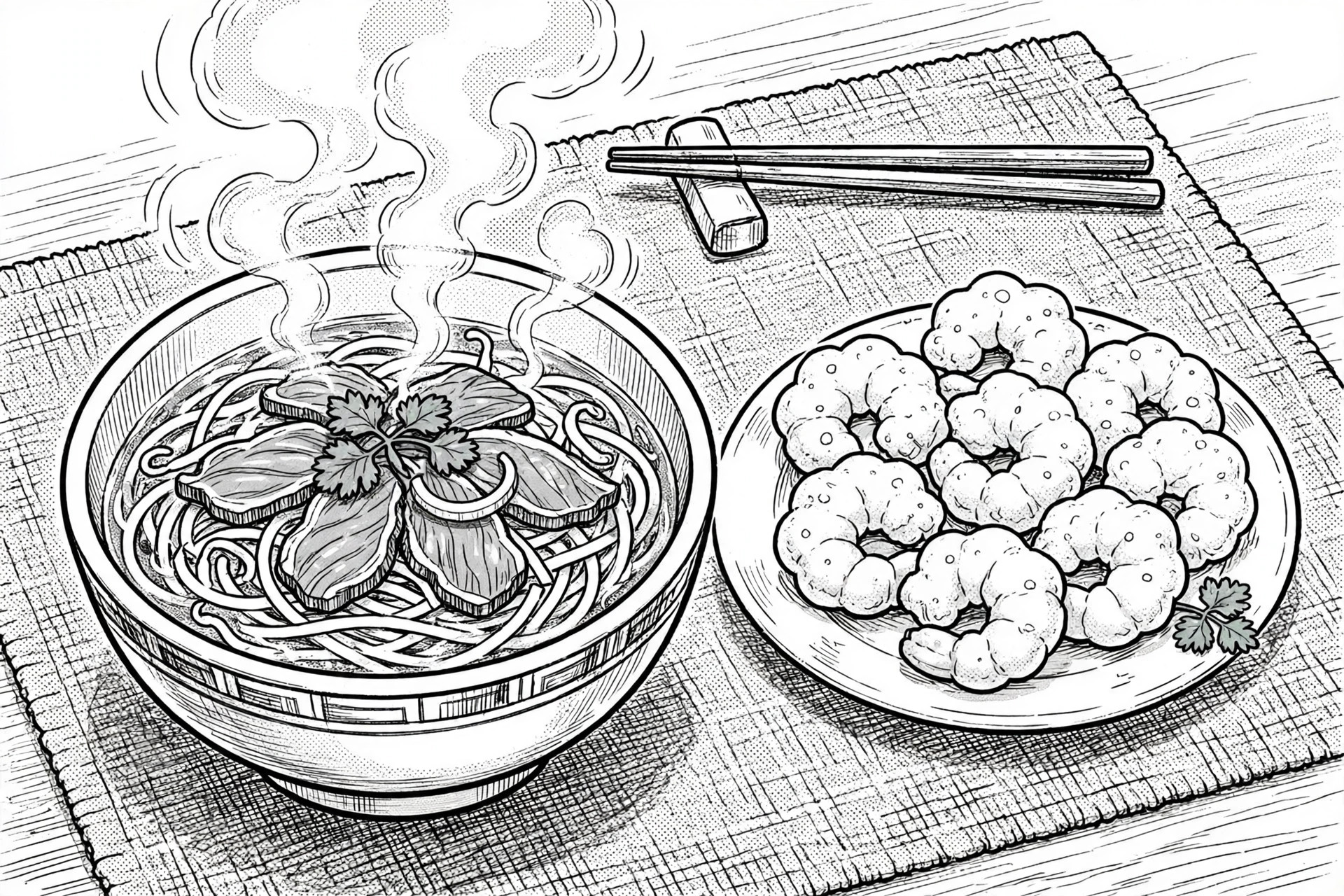 同一张餐桌上的小份 Pho、小食与柠檬水儿童套餐独立绘制黑白漫画概念图