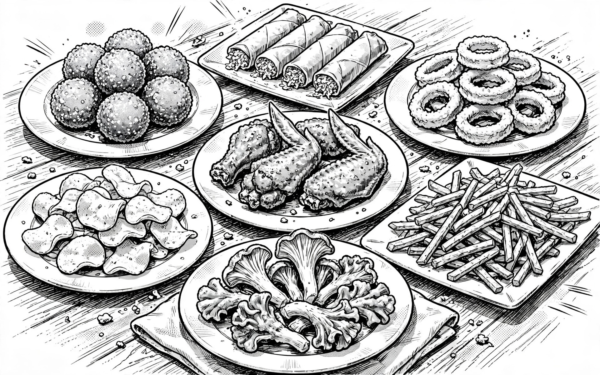 同一张桌上的七款炸物黑白漫画概念图