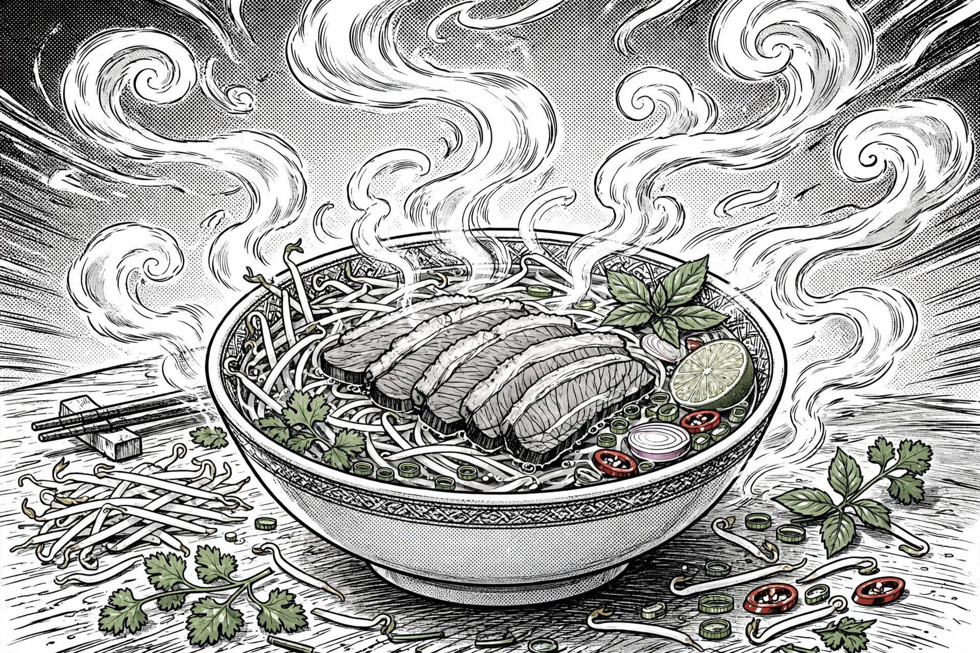 醇香熟牛肉河粉概念图黑白漫画版