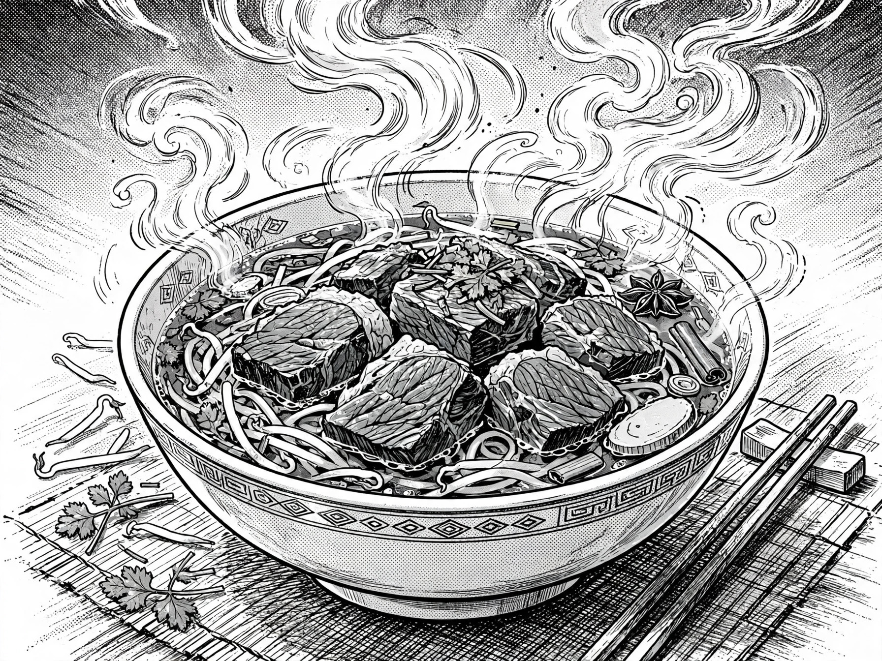 软糯牛腩河粉概念图黑白漫画版
